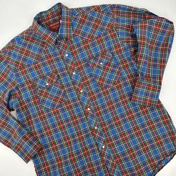 Vtg Rustler Western Pearl Snap Shirt XLong Tails Cowboy Rodeo Blue Plaid Size XL - Picture 8 of 8
